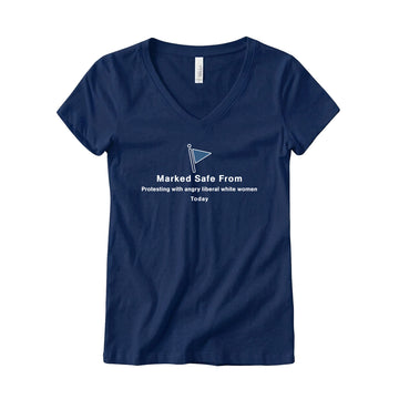 Marked Safe From Protesting Women's V-Neck Tee – Navy Blue